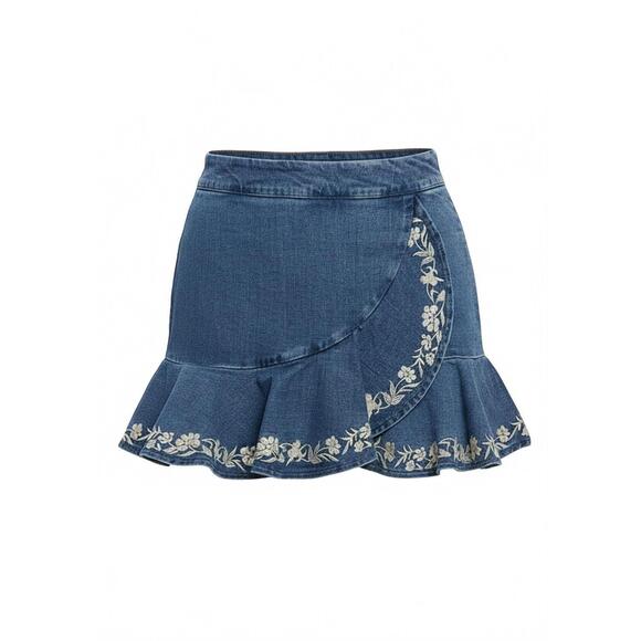 NEW FLYING TOMATO embroidered denim skort in medium indigo - Picture 8 of 8